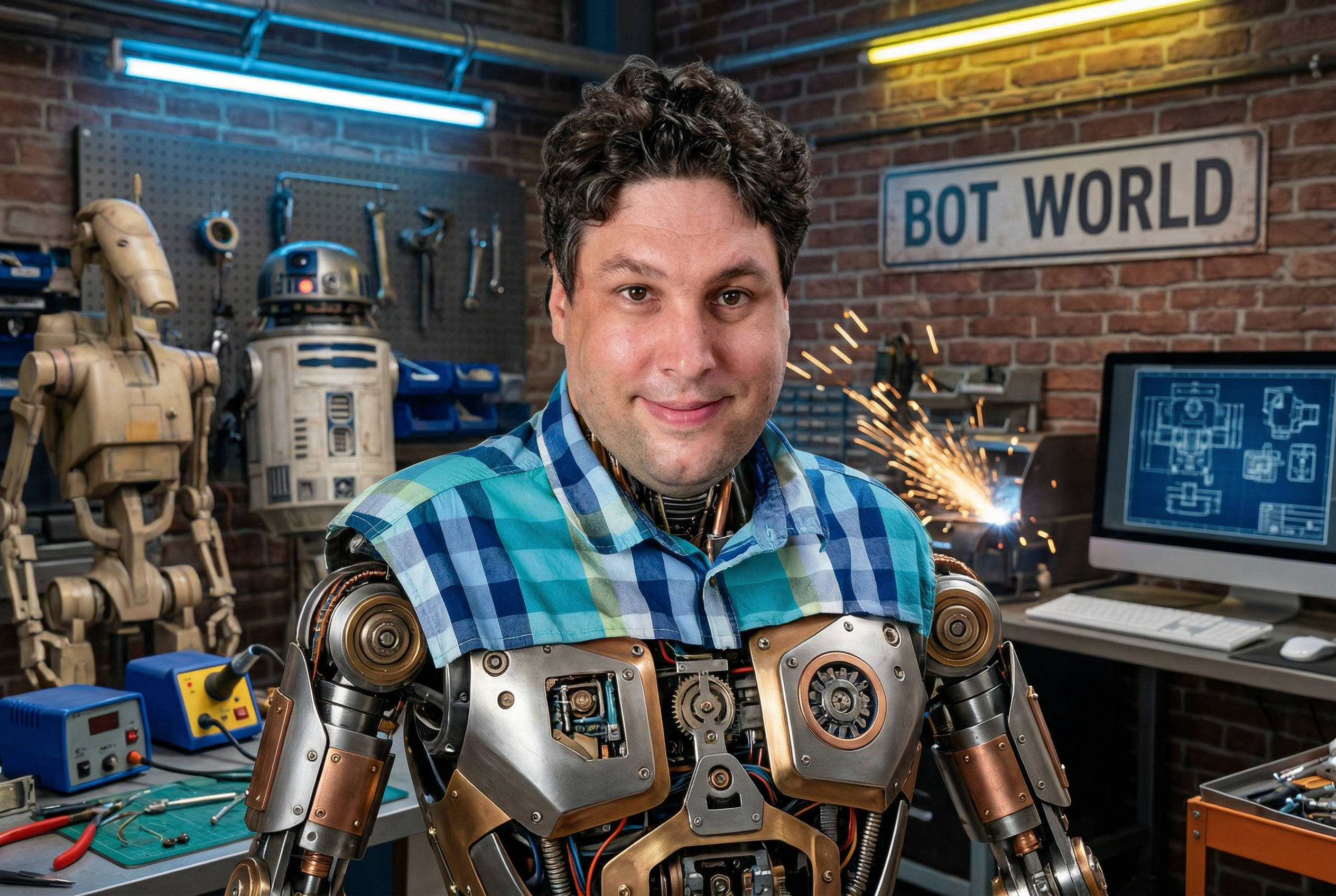 Peter Ofner mit KI-Automatisierung: Roboter und digitale Tools im Hintergrund